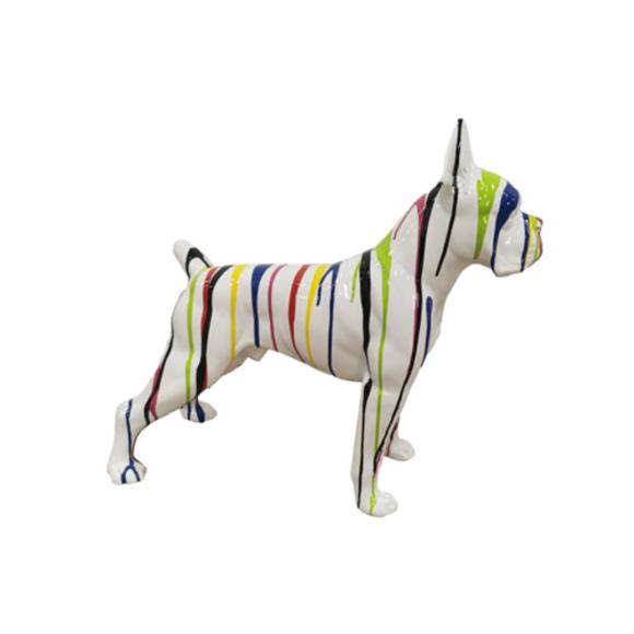 Decorative abstract sculpture designed as a standing gloss white colored dog in colorful stripes 47x55cm