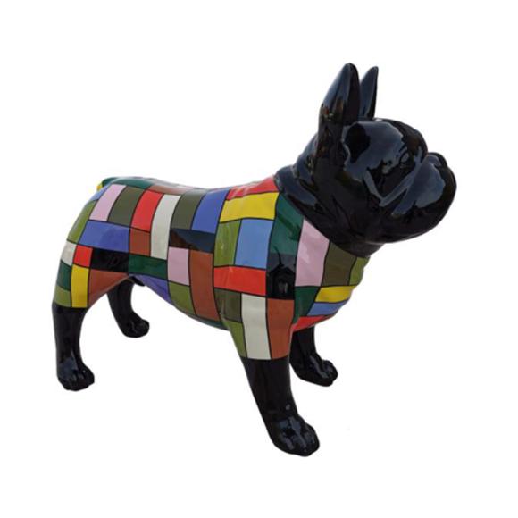 Decorative sculpture designed as a gloss standing black colored dog painted in colorful rectangular mosaic suit 75x100cm