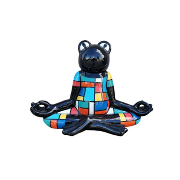 Black decorative sculpture of a cartoon frog in yoga pose painted in colorful square pattern suit 55cm