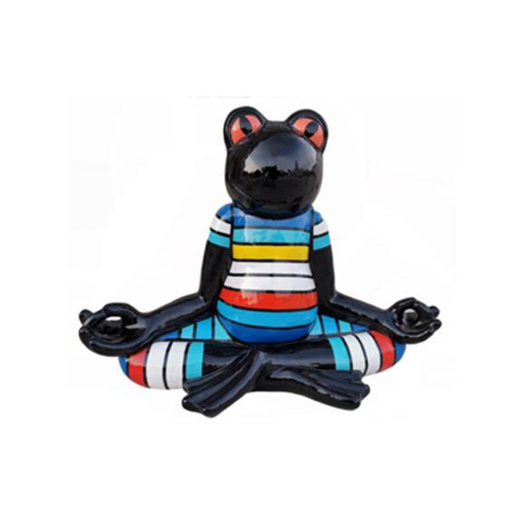 Black decorative sculpture of a cartoon frog in yoga pose painted in colorful stripes suit 55cm