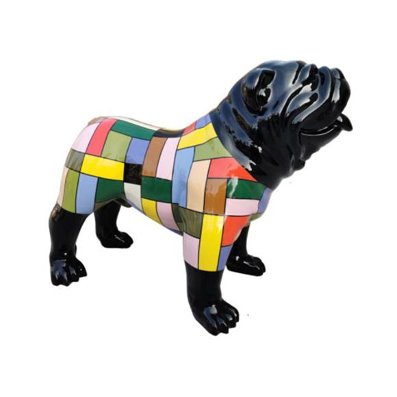 Decorative sculpture designed as a gloss standing black colored dog painted in colorful rectangular mosaic pattern suit 74x90cm