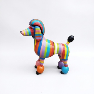 Abstract decorative sculpture designed as a gloss standing poodle in colorful stripes 63x64cm