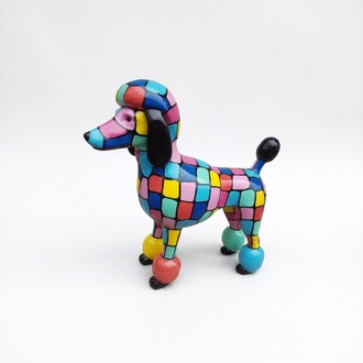 Abstract decorative sculpture designed as gloss standing poodle in colorful mosaic patterns 63x64cm