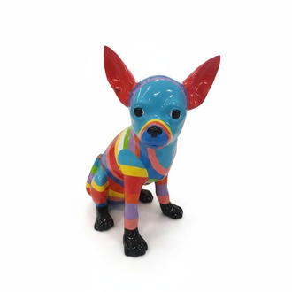 Abstract decorative sculpture designed as a gloss puppy with blue face & colorful stripes
