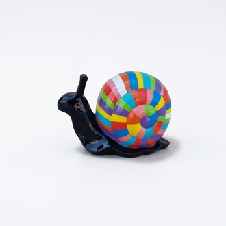 Decorative sculpture designed as a gloss black colored snail with colorful stripes shell 34x38cm