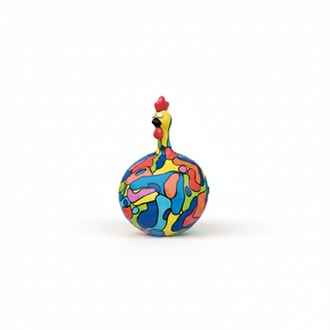 Abstract decorative sculpture designed as a round funny rooster in colorful random mosaic patterns 40cm