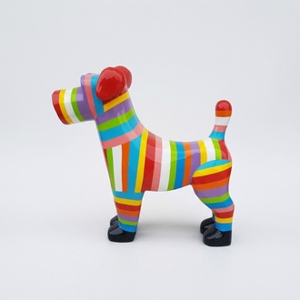 Decorative abstract sculpture designed as a gloss standing dog in colorful stripes 65x70cm