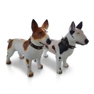Motley white colored decorative garden sculpture designed as a matte bull terrier 85x116cm