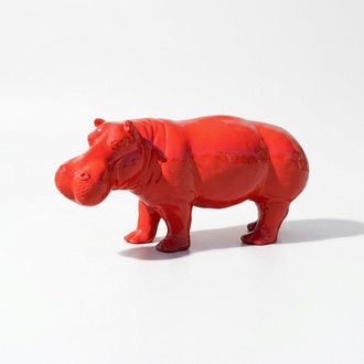 Decorative sculpture designed as a gloss full red colored hippopotamus 32x72cm