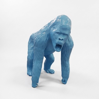 Abstract decorative sculpture designed as a gloss full blue colored gorilla 130cm
