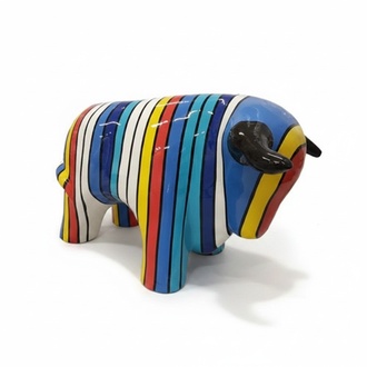Decorative sculpture designed as gloss standing bull in colorful stripes 40x70cm
