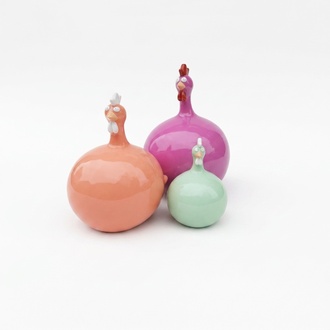 Decorative sculpture designed as a gloss bright colored funny round cartoon rooster 40cm