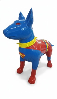 Abstract decorative gloss scupture designed as bull terrier in the superman kit (A526C)