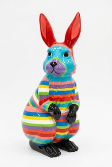 Abstract decorative sculpture designed as standing blue face rabbit in colorful stripes 110cm (A468C)