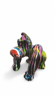 Abstract full black colored decorative sculpture of gloss cartoon gorilla with colorful stripes 70cm height