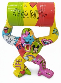 Abstract decorative modern style sculpture designed as colorful gorilla with a barrel (A785)