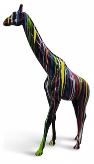 Full black painted gloss horse figure with colorful abstract stripes 320cm height