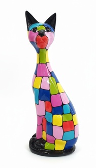 Decorative gloss sculpture in modern style designed as an abstract sitting cat with colorful stripes 85cm A671