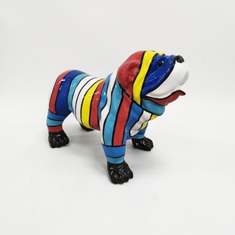 Decorative sculpture designed as a gloss standing dog painted in light colorful stripes 32x55cm