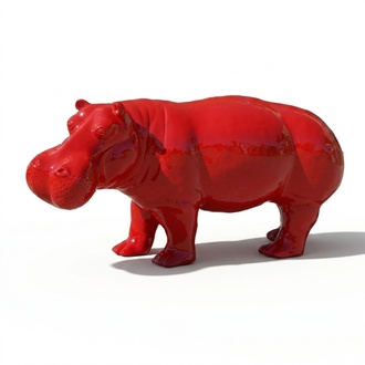 Decorative sculpture designed as a gloss full red colored hippopotamus 45x100cm