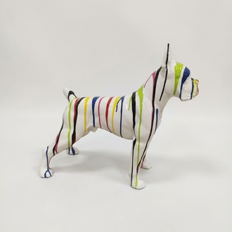 Decorative abstract sculpture designed as a standing gloss white colored dog in colorful stripes 47x55cm
