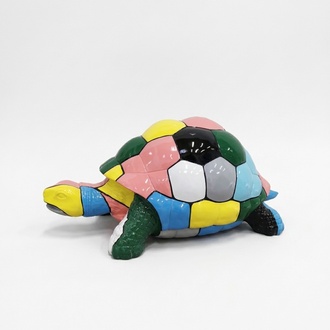 Decorative sculpture designed as a gloss turtle painted in colorful geometric mosaic patterns 109cm