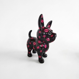 Abstract decorative sculpture designed as gloss black colored puppy with kisses patterns 91cm