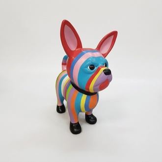 Decorative sculpture designed as a standing puppy in colorful stripes & pink ears 55x45cm
