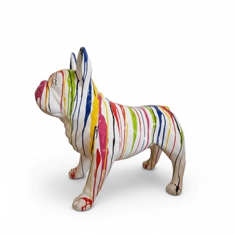 Abstract decorative sculpture designed as gloss white colored dog with colorful patterns 72x100cm