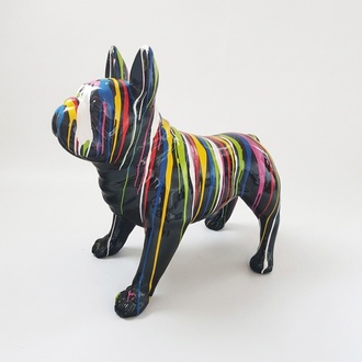 Abstract decorative sculpture designed as gloss black colored dog with colorful patterns 72x100cm