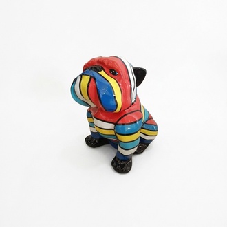 Abstract decorative sculpture designed as sitting gloss dog in colorful stripes 20cm