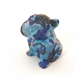Decorative sculpture designed as gloss sitting dog in blue tones of colorful camouflage painted 40cm