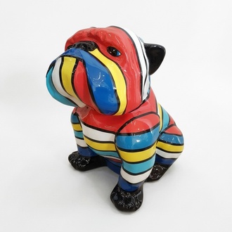 Decorative sculpture designed as a gloss sitting dog in colorful stripes 85x116cm