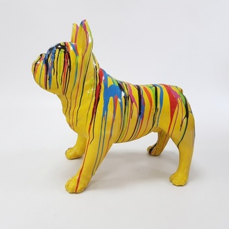 Abstract decorative sculpture designed as gloss yellow colored dog with colorful patterns 72x100cm