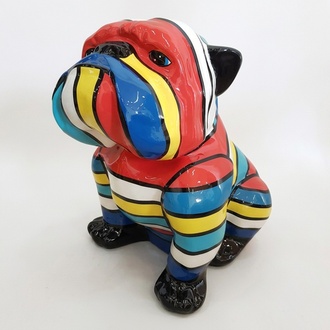 Decorative sculpture designed as a gloss sitting dog in colorful stripes 80cm
