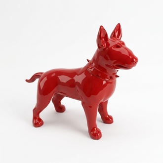 Abstract full red colored decorative sculpture designed as a standing bull terrier 85x116cm