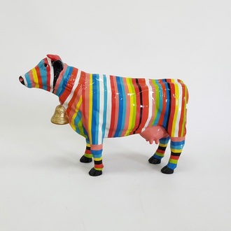 Abstract decorative sculpture designed as standing gloss cow in colorful stripes & a bell 67x140cm