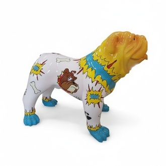 Decorative sculpture designed as a gloss puppy with comics style painted & orange head 74x90cm