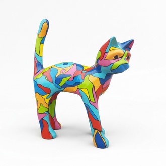 Abstract decorative sculpture designed as a gloss standing cat in colorful mosaic patterns 108x90cm