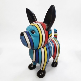 Decorative abstract sculpture designed as a standing puppy in colorful blue tone stripes 175x160cm