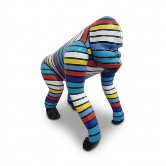Abstract decorative sculpture designed as a standing gorilla in colorful stripes 70cm