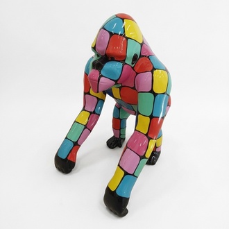 Abstract decorative sculpture designed as a standing gloss gorilla in colorful mosaic patterns 70cm