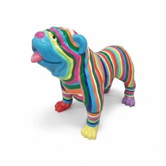 Abstract decorative sculpture designed as gloss standing dog in bright colorful stripes 74x90cm
