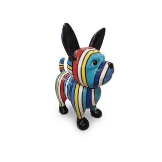 Decorative abstract sculpture designed as a standing puppy in colorful blue tone stripes 91x75cm