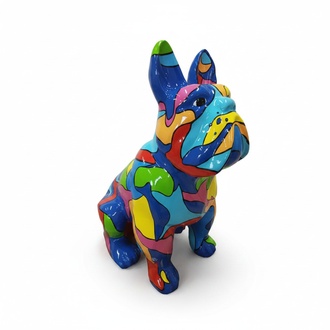 Abstract decorative sculpture designed as a gloss sitting dog in colorful mosaic patterns 79 cm