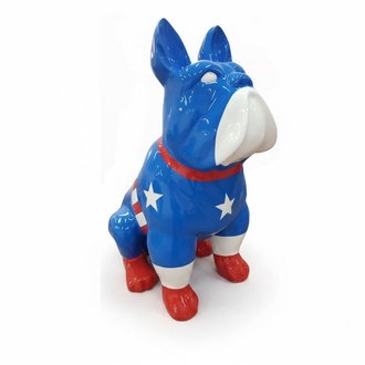 Decorative sculpture designed as a gloss sitting dog in colorful captain america suit 79cm