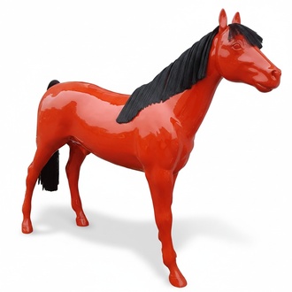 Abstract decorative sculpture of full red gloss horse figure 240cm length