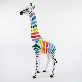 Decorative abstract sculpture of white colored giraffe with colorful stripes 205 cm height