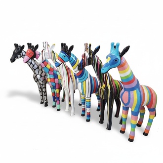 Abstract decorative sculpture designed as a gloss standing cat in colorful mosaic patterns 50cm