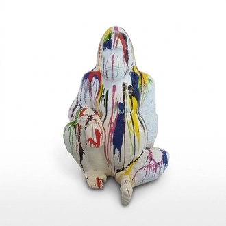 Abstract decorative sculpture designed as white colored sitting gorilla in colorful stripes 110cm